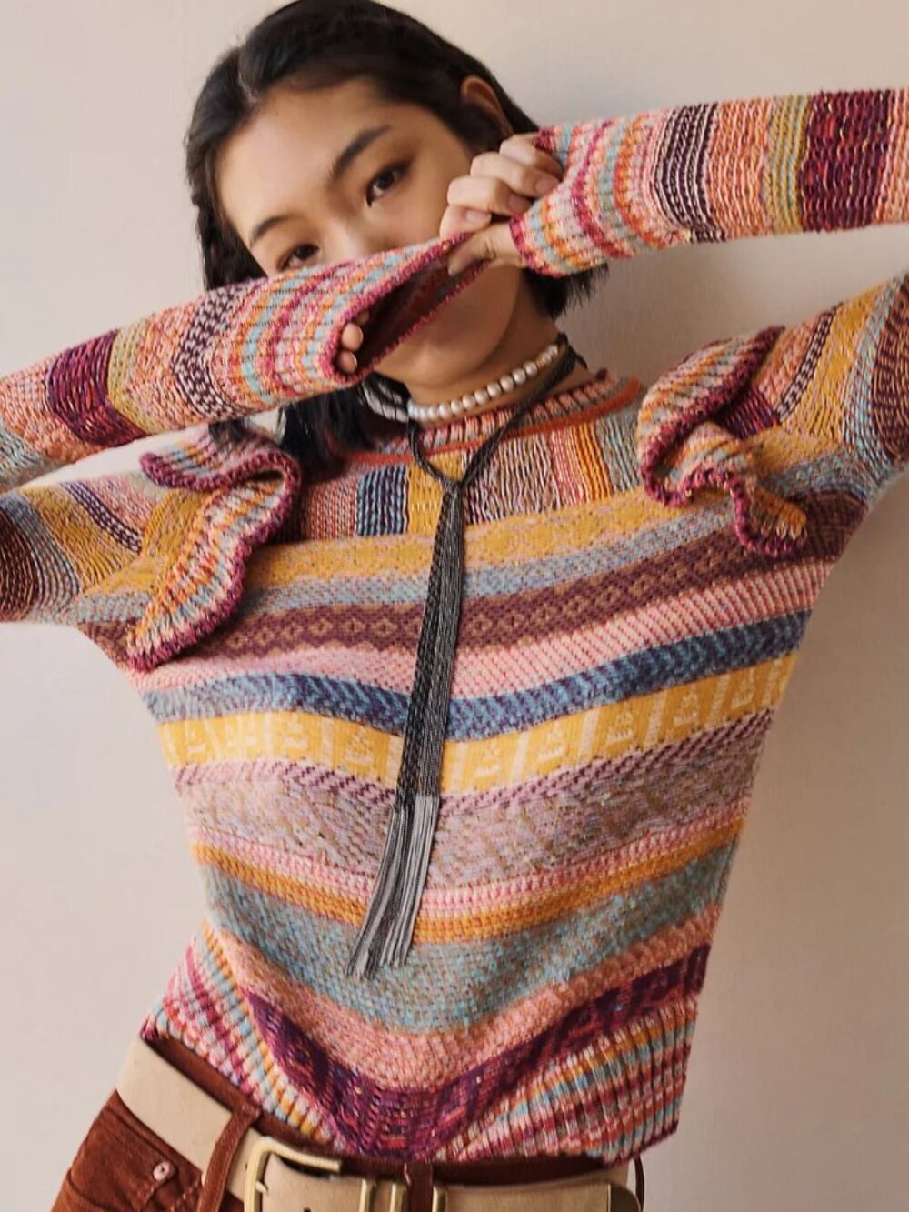 Pilcro for Anthropologie colorful striped Ruffled Sweater Size XS 8449